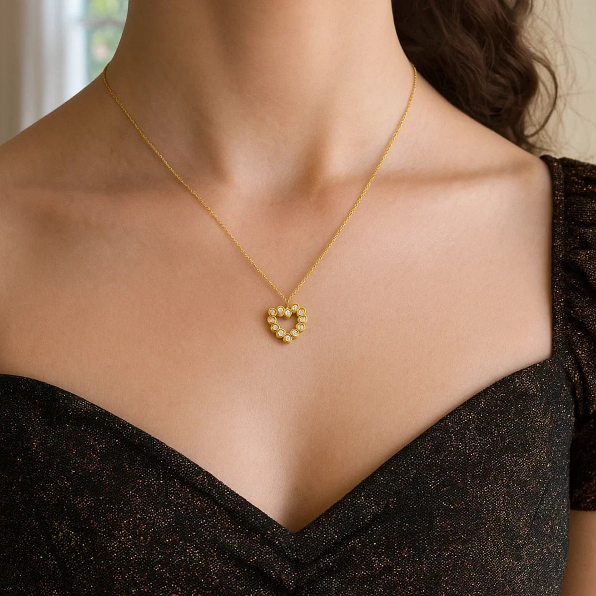 Petite Diamond Open Heart Necklace in 14K Yellow Gold, worn
