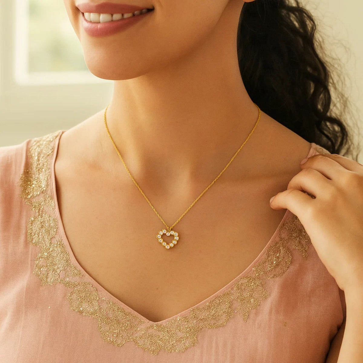 Petite Diamond Open Heart Necklace in 14K Yellow Gold, worn