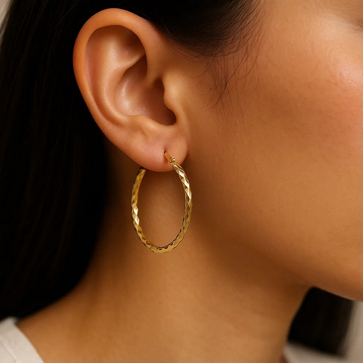 Slender Diamond-Cut Hoop Earrings in 14K Yellow Gold, worn