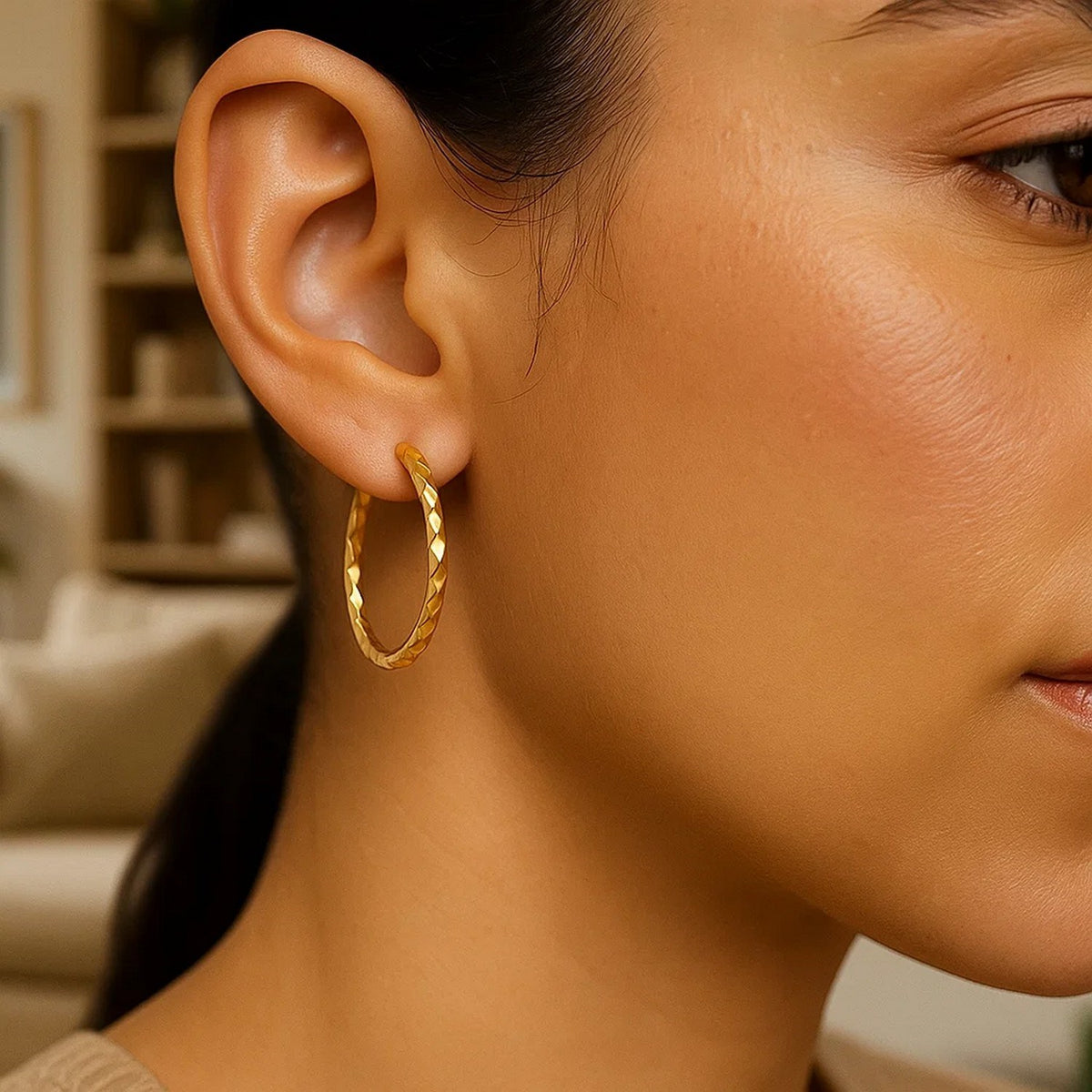 Slender Diamond-Cut Hoop Earrings in 14K Yellow Gold, worn