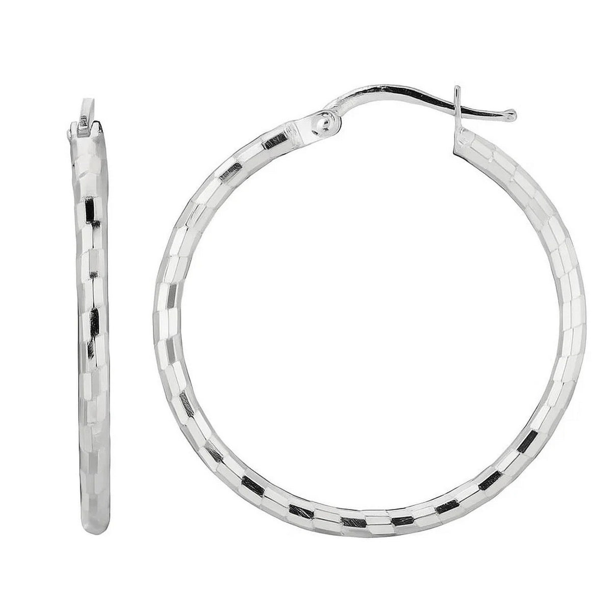 Hoop Design Diamond Cut Earrings in Rhodium Silver (2x26mm)