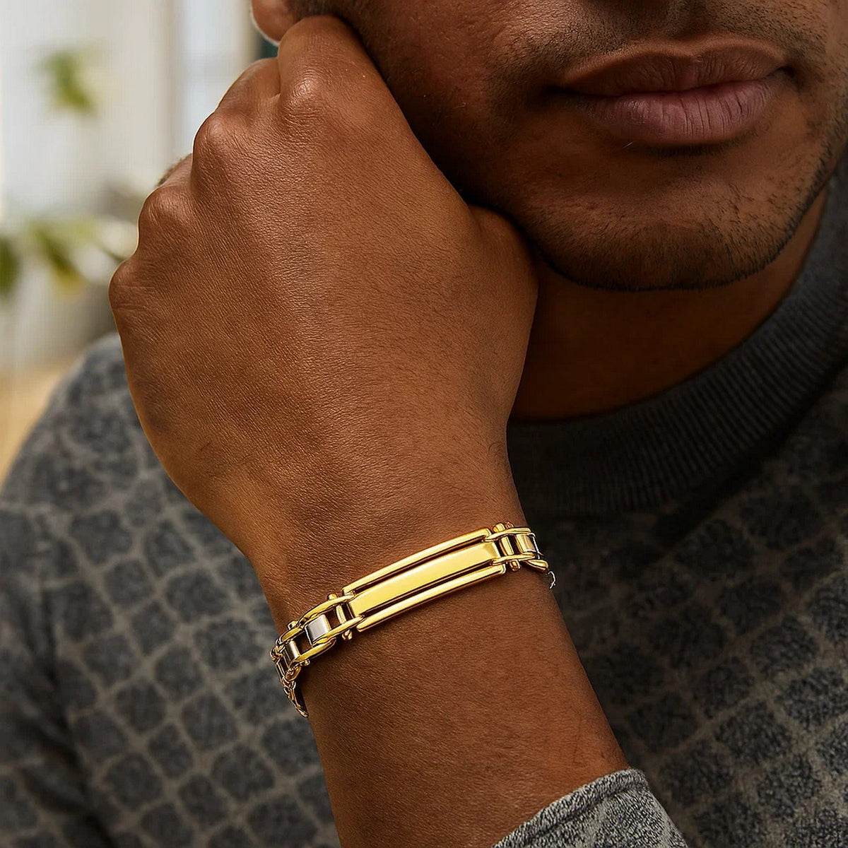 Men's Polished Bar Link Bracelet in 14K Two-Tone Gold, worn