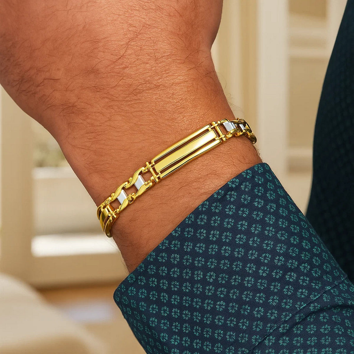 Men's Polished Bar Link Bracelet in 14K Two-Tone Gold, worn