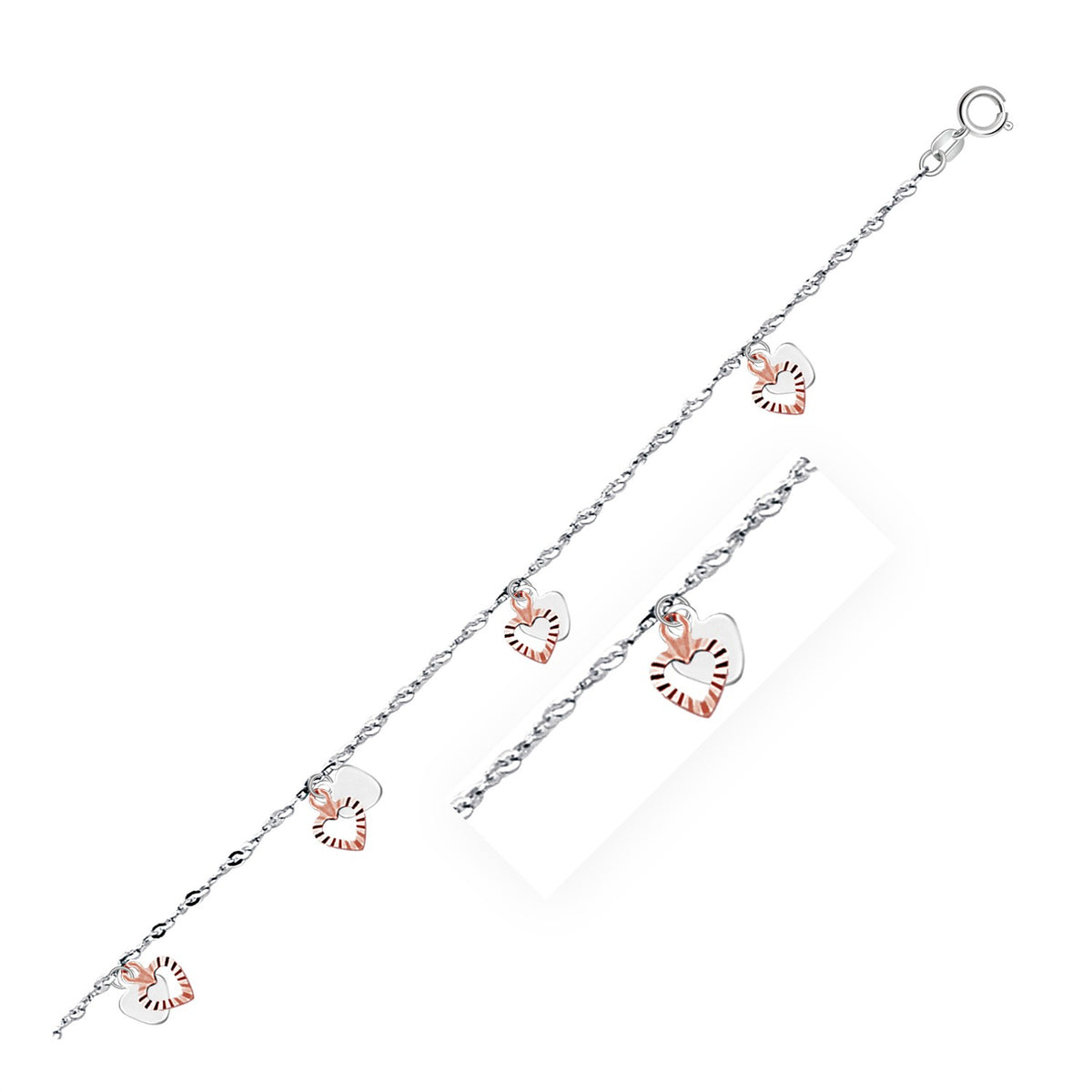 Dual Heart Charm Anklet in 14K White & Rose Gold