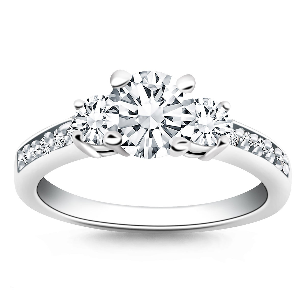 Three Stone Engagement Ring with Diamond Band in 14K White Gold