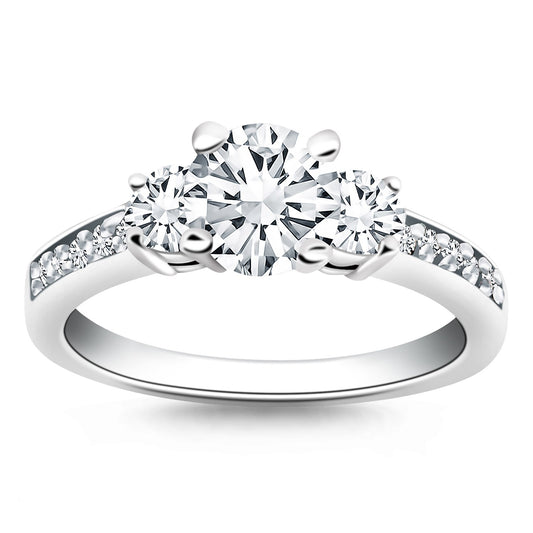 Three Stone Engagement Ring with Diamond Band in 14K White Gold