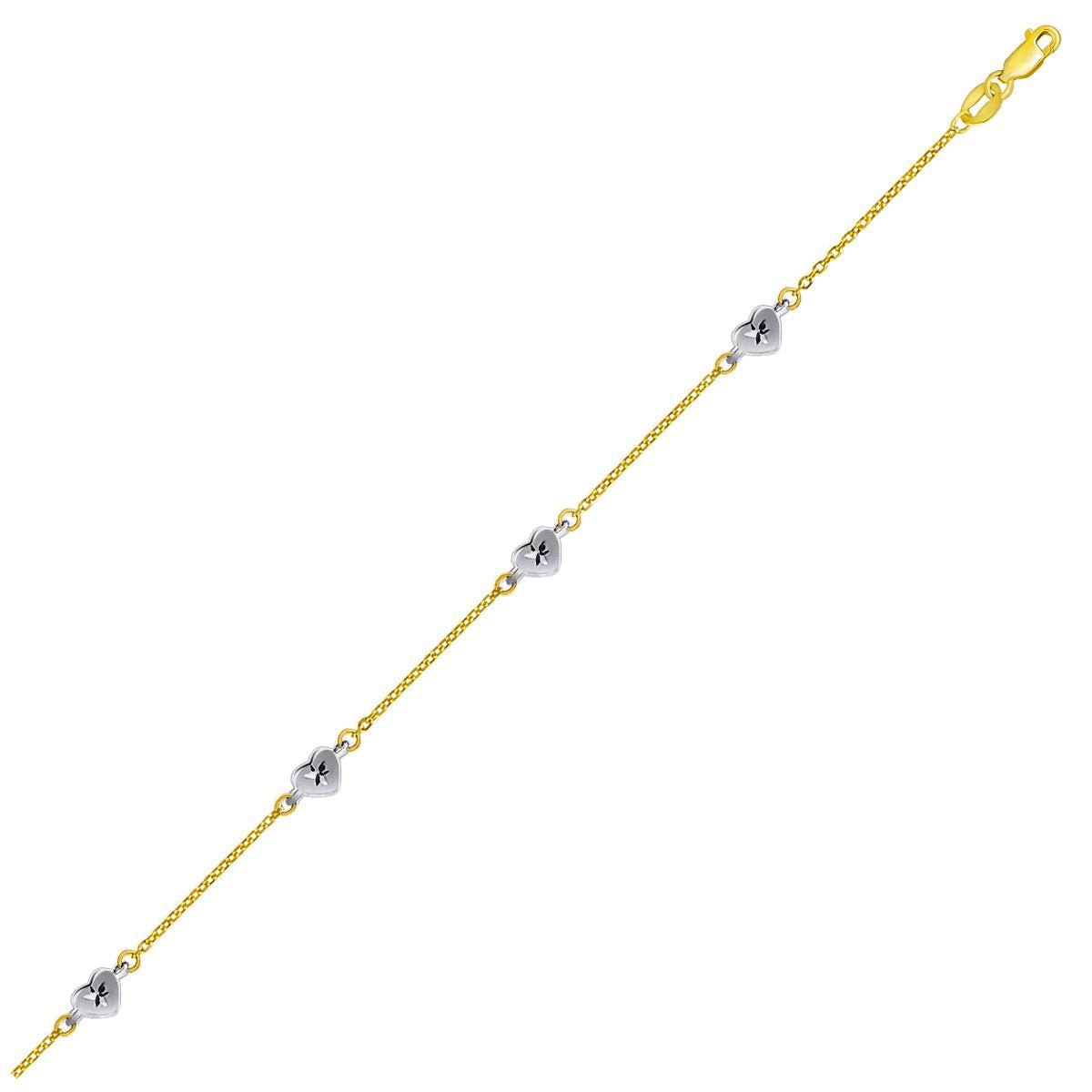 Diamond Cut Heart Station Anklet in 14K Two-Tone Gold
