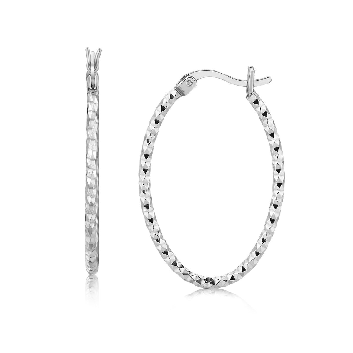 Textured Diamond Cut Hoop Earrings in Rhodium-Plated Sterling Silver (2x25mm)