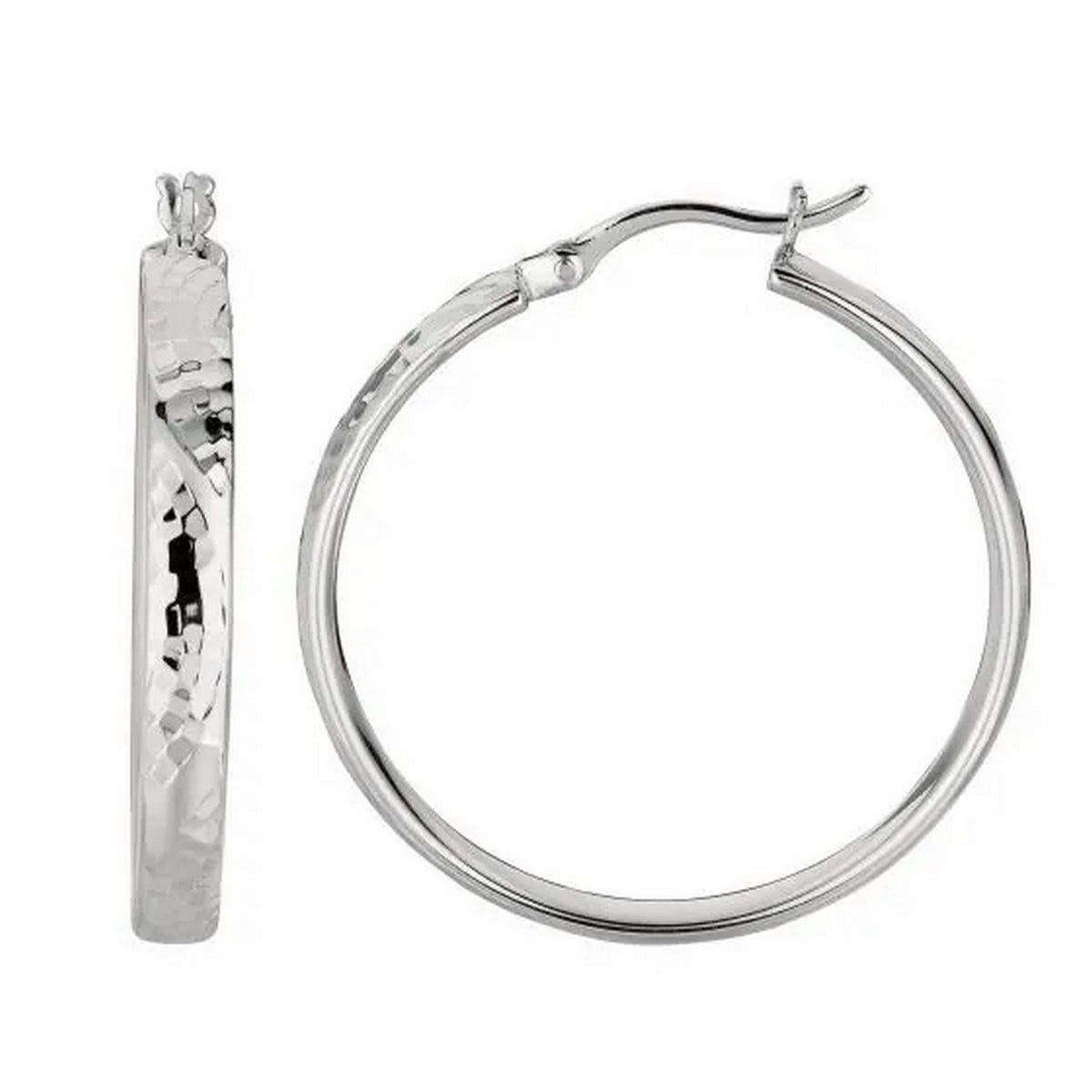 Hammered Style Hoop Earrings with Rhodium Plating in Sterling Silver (4x30mm)