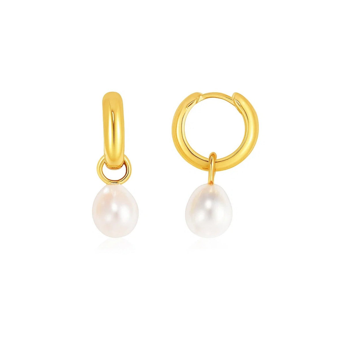 Pearl Drop Huggie Hoop Earrings in 14K Yellow Gold