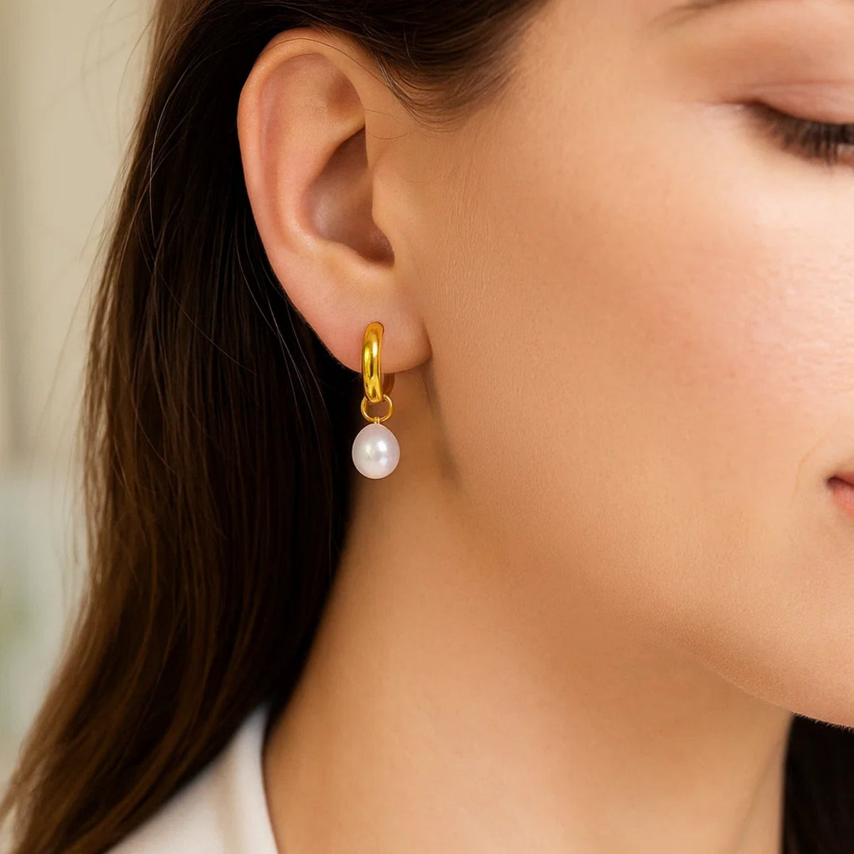 Pearl Drop Huggie Hoop Earrings in 14K Yellow Gold, worn