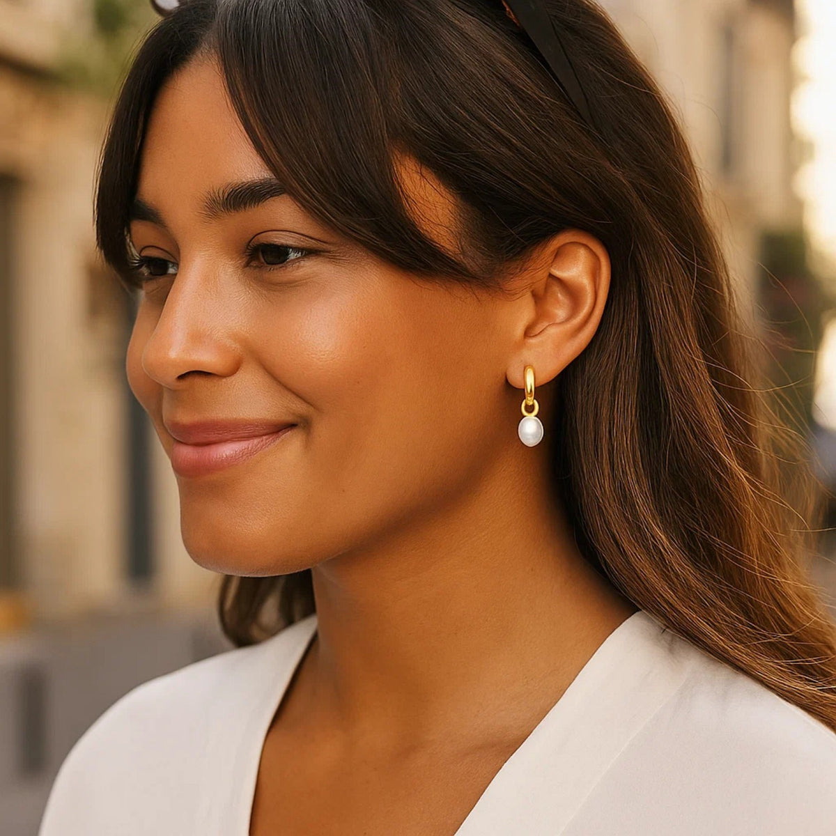 Pearl Drop Huggie Hoop Earrings in 14K Yellow Gold, worn