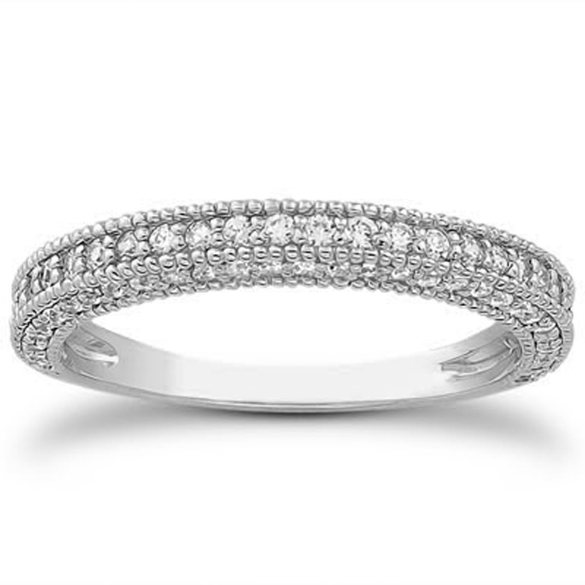 Fancy Pave Diamond Milgrain Textured Wedding Band in 14K White Gold