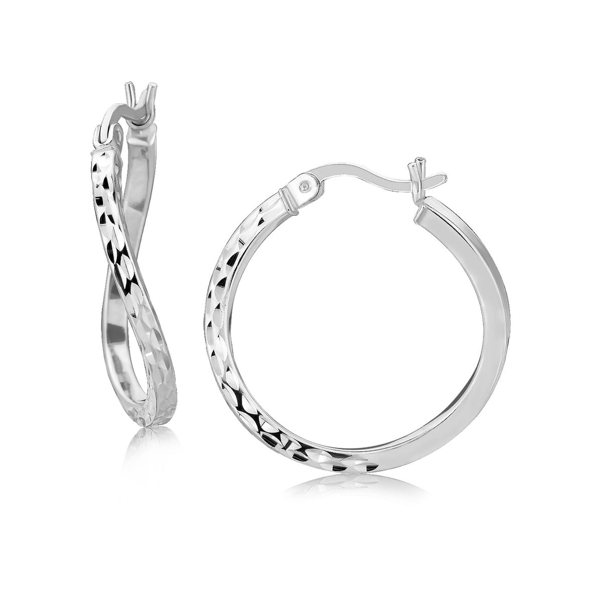 Twist Style Diamond Cut Hoop Earrings in Rhodium Silver (2x20mm)
