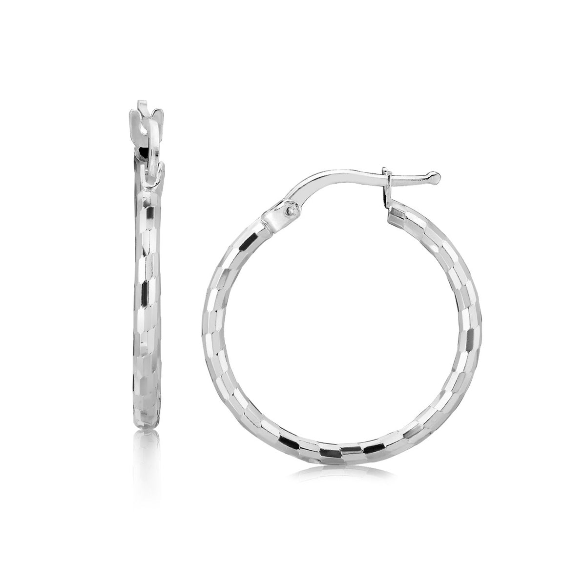 Diamond Cut Hoop Earrings in Rhodium-Plated Silver (2x20mm)