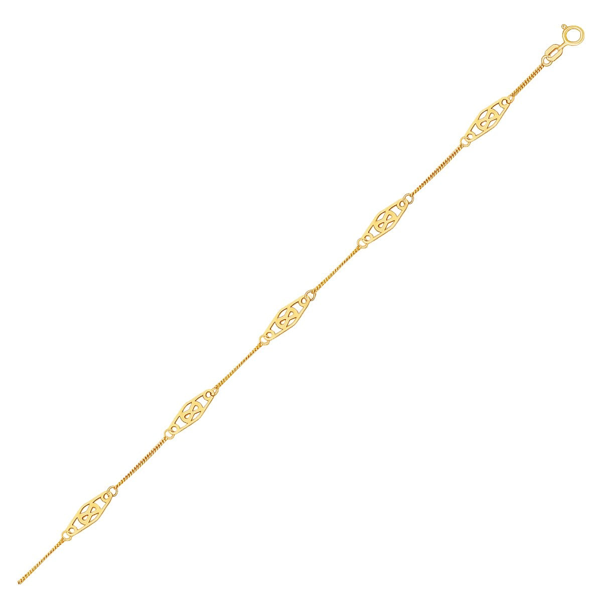 Anklet with Fancy Diamond Shape Filigree Stations in 14K Yellow Gold