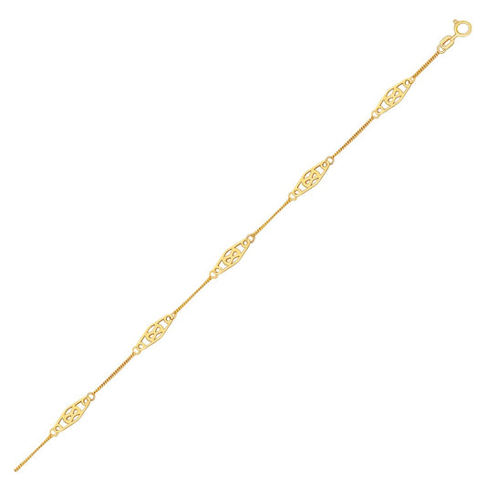 Anklet with Fancy Diamond Shape Filigree Stations in 14K Yellow Gold