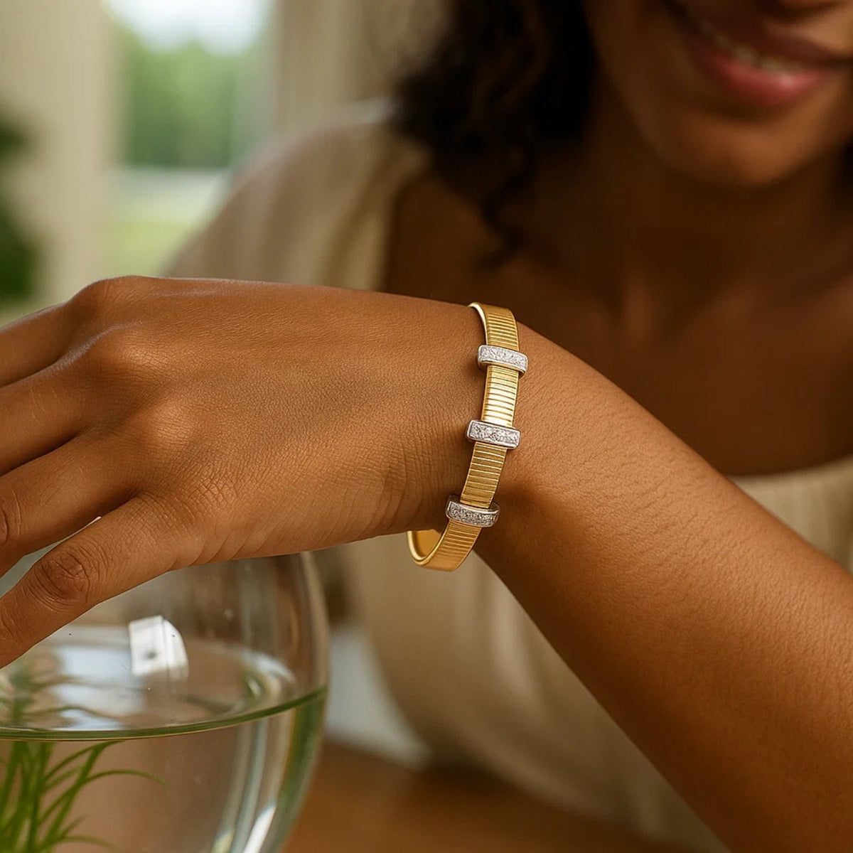 Diamond Station Omega Cuff Bangle in 14K Yellow Gold, worn