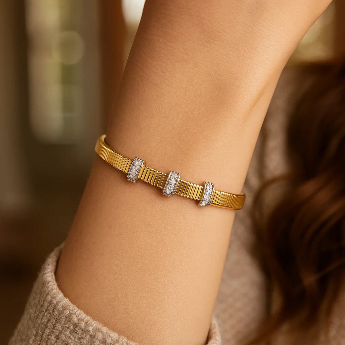 Diamond Station Omega Cuff Bangle in 14K Yellow Gold, worn