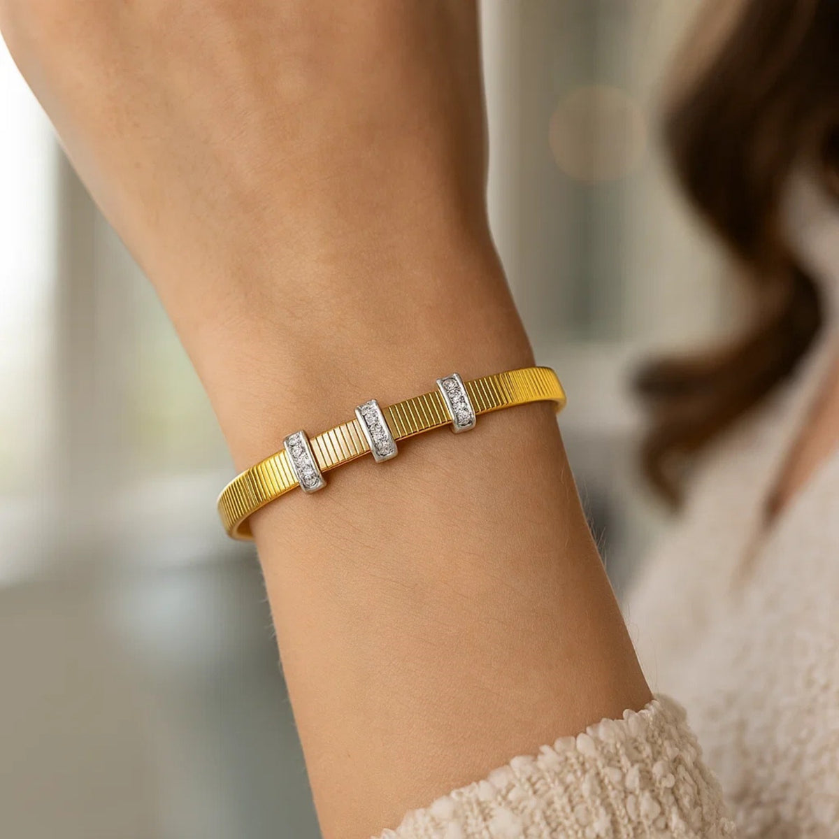 Diamond Station Omega Cuff Bangle in 14K Yellow Gold, worn