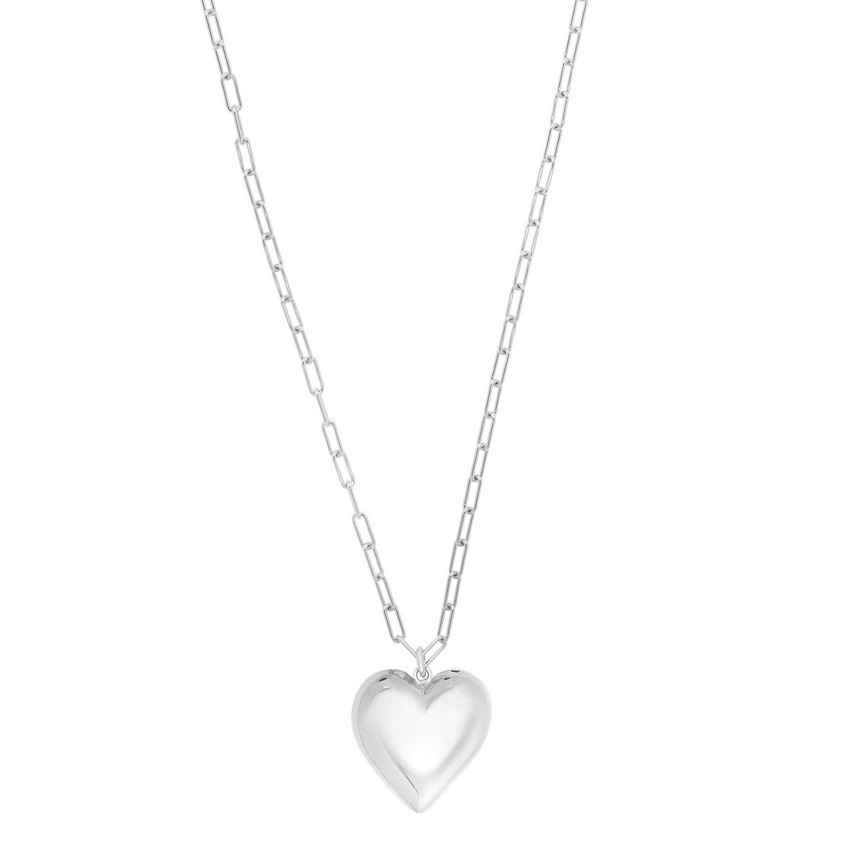 Large Puffed Heart Long Necklace in Rhodium-Plated Silver