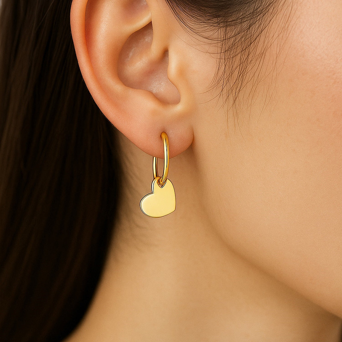 Heart Charm Hoop Earrings in 14K Yellow Gold, worn