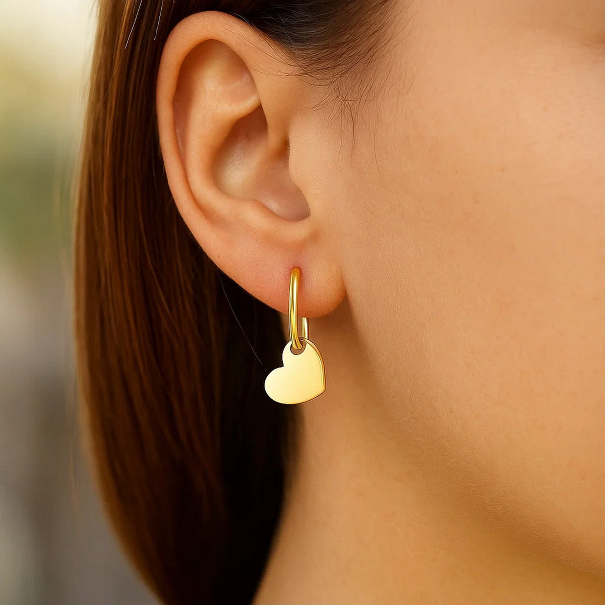 Heart Charm Hoop Earrings in 14K Yellow Gold, worn