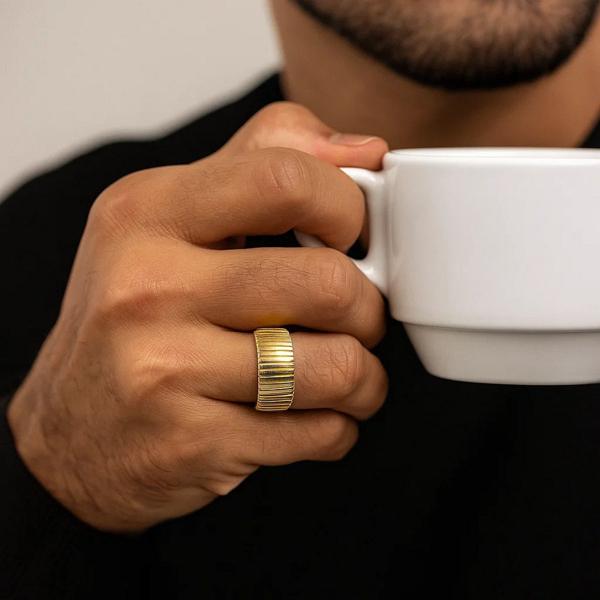 Wide Tubogas Ring in 14K Yellow Gold, worn
