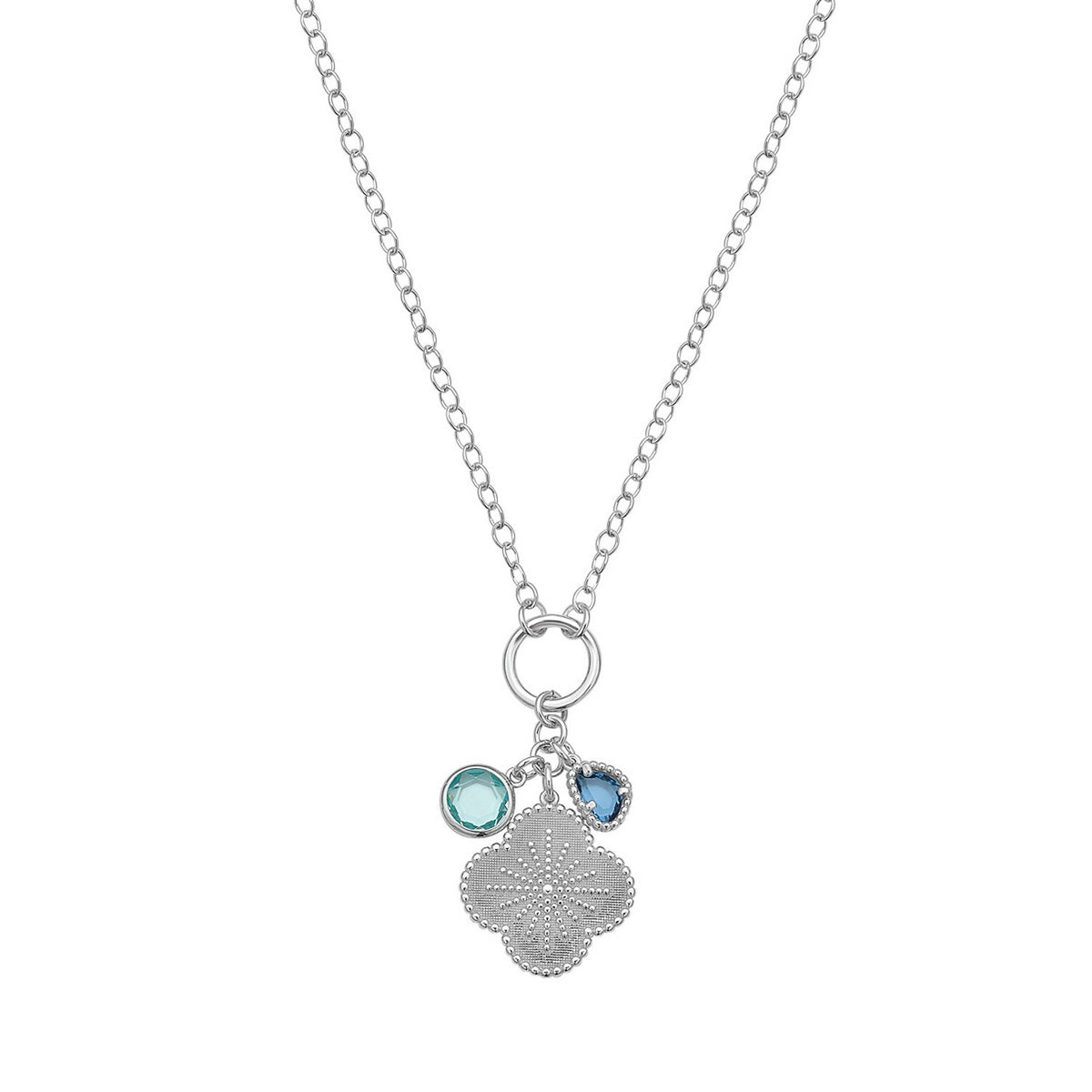 Flower CZ Charm Necklace in Rhodium-Plated Sterling Silver