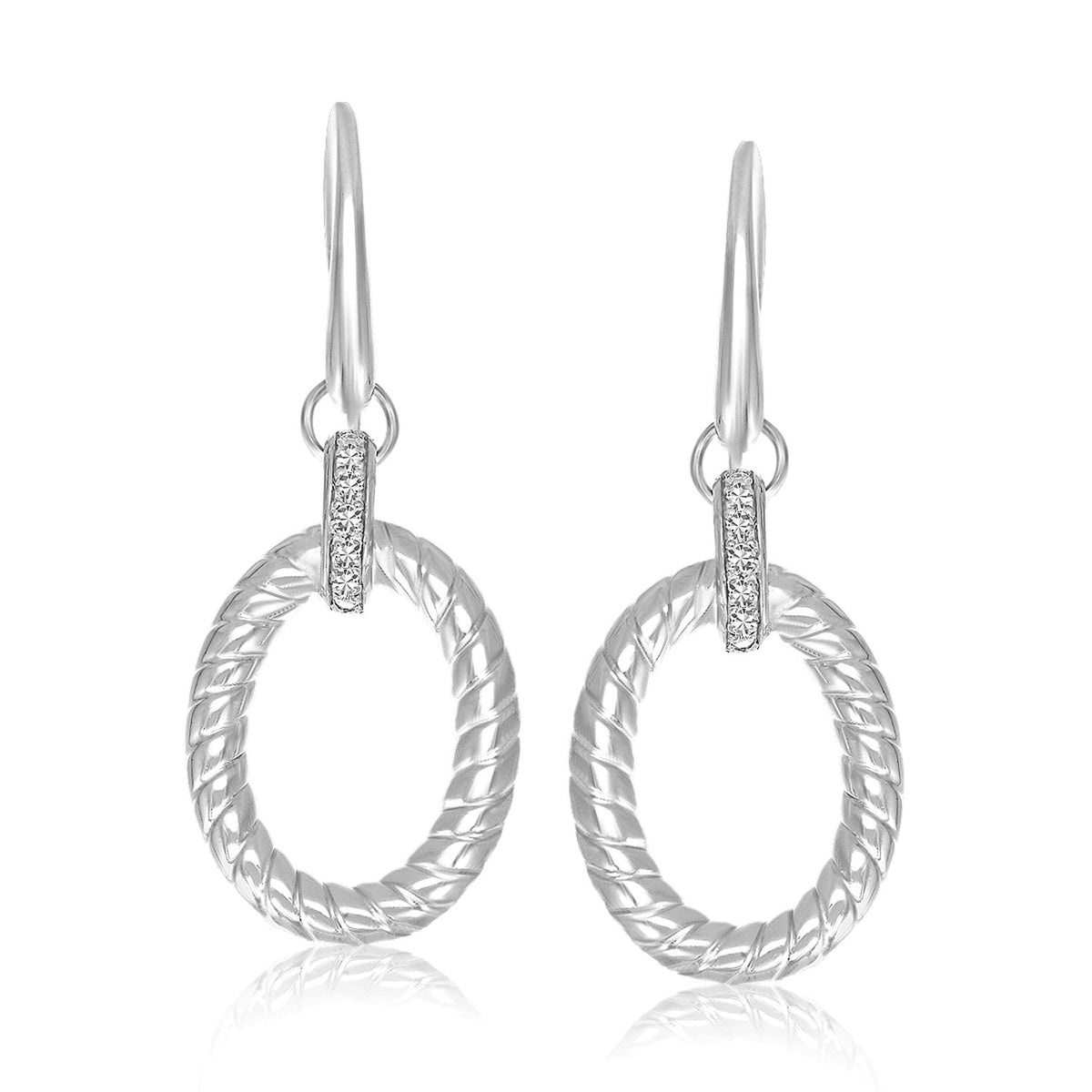 Diamond Oval Rope Drop Earrings in Rhodium-Finished Silver