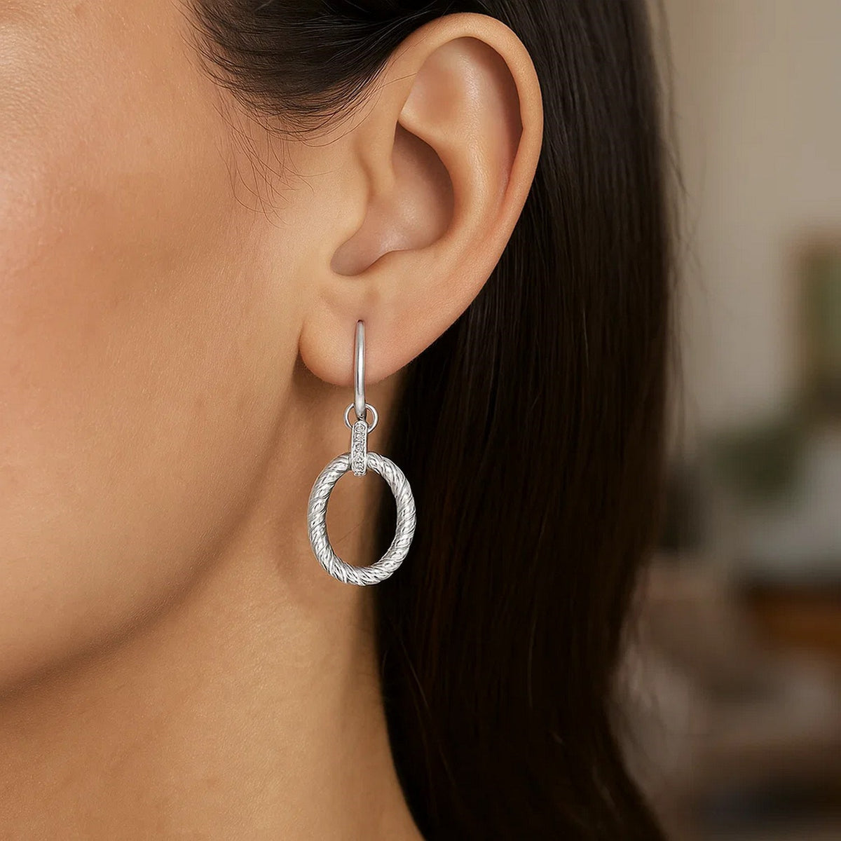 Diamond Oval Rope Drop Earrings in Rhodium-Finished Silver