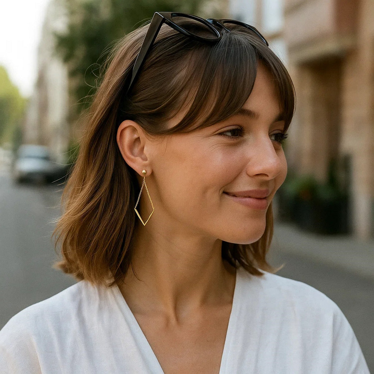 Open Kite Chain Drop Earrings in 14K Yellow Gold, worn