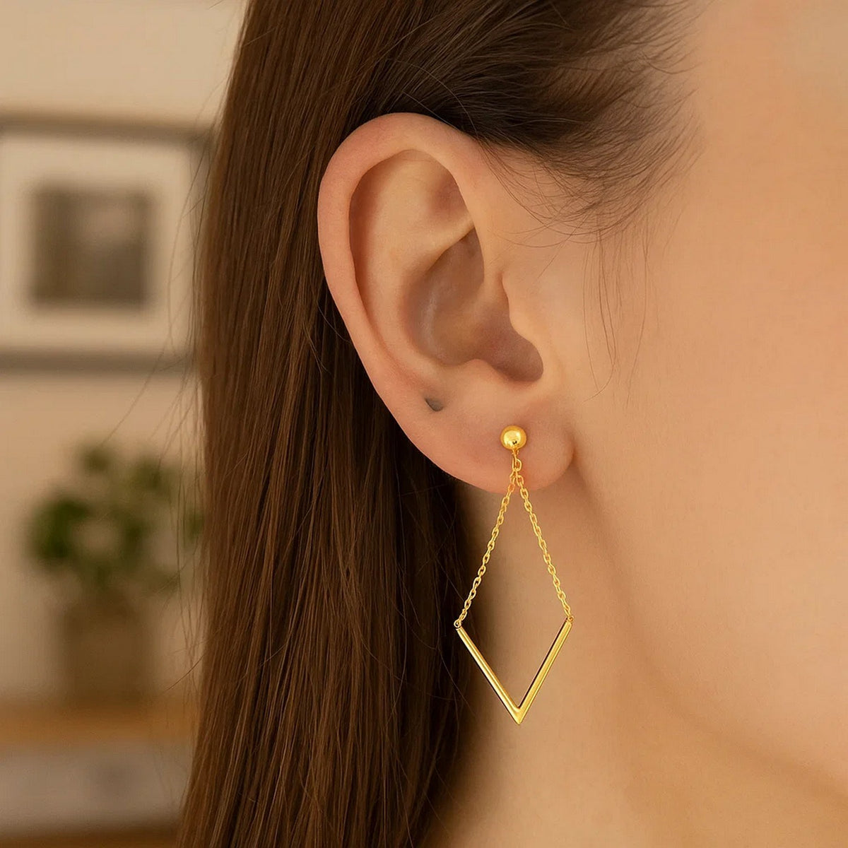 Open Kite Chain Drop Earrings in 14K Yellow Gold, worn