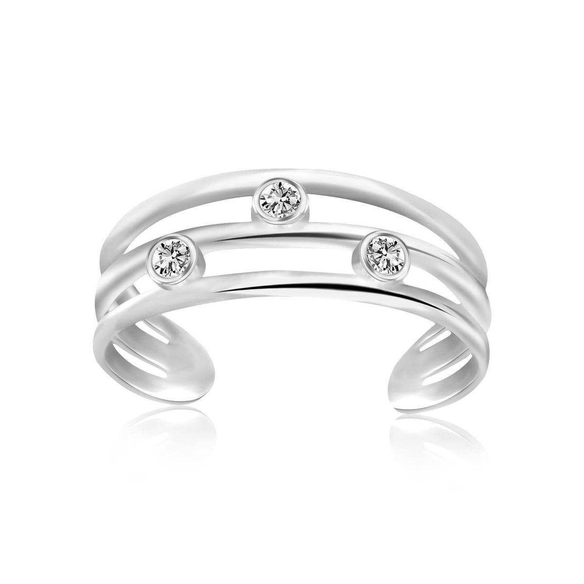 Triple Line CZ Open Motif Toe Ring in Rhodium Silver