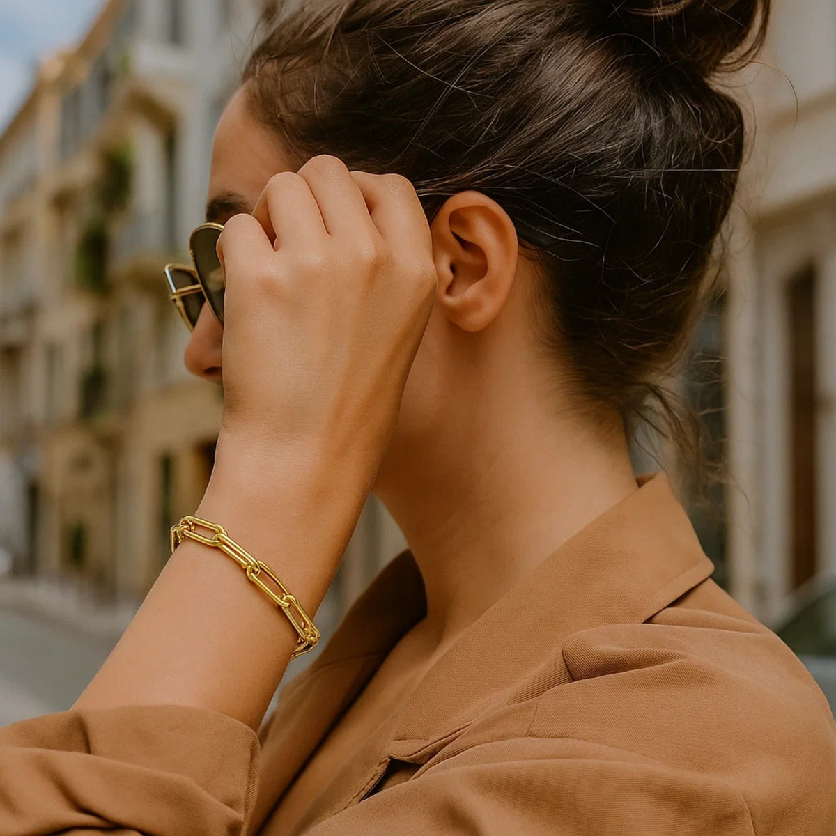 Long Domed Paperclip Bracelet in 14K Yellow Gold, worn