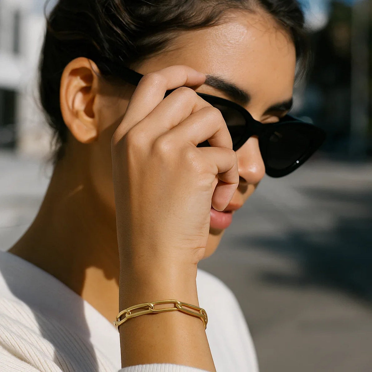 Long Domed Paperclip Bracelet in 14K Yellow Gold, worn