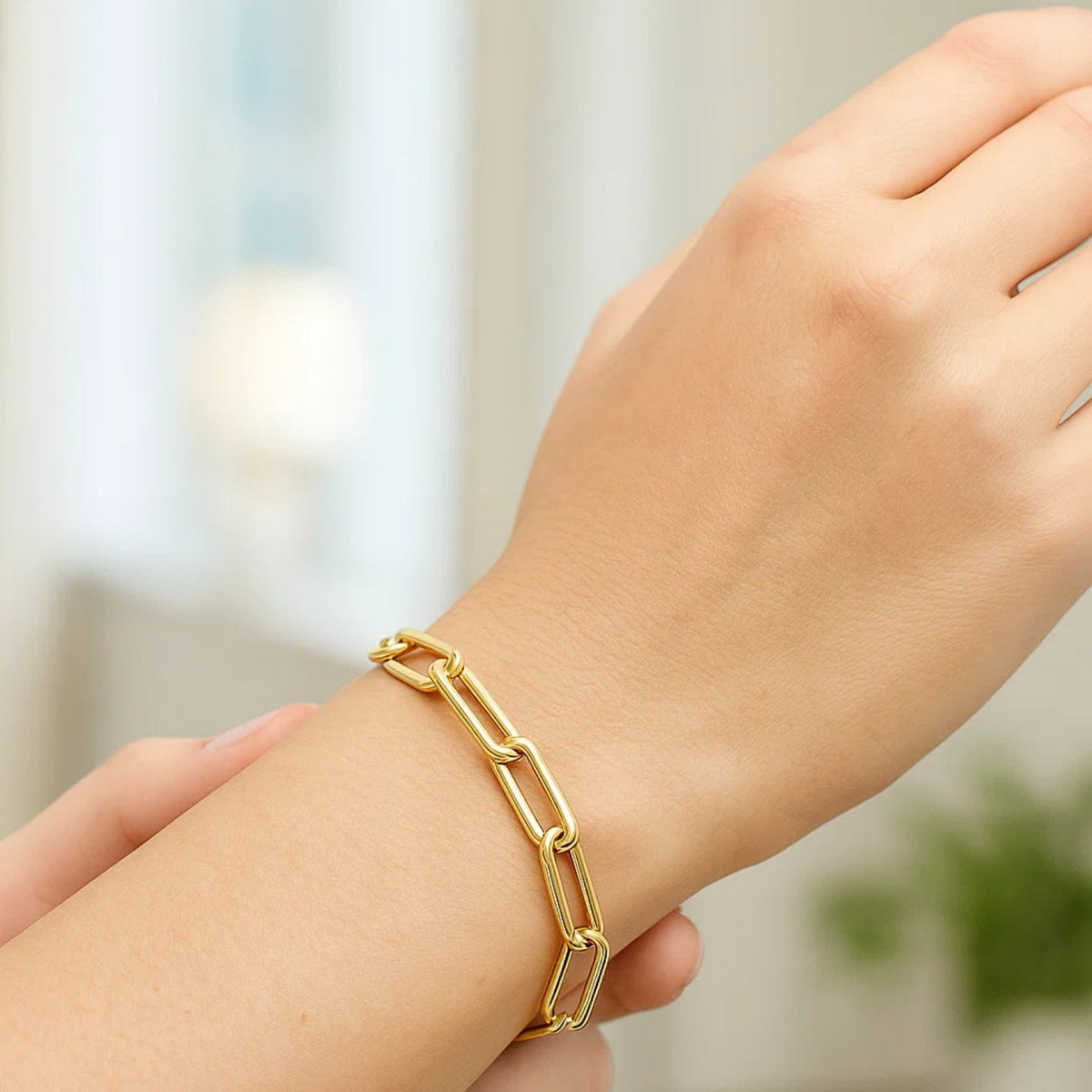 Long Domed Paperclip Bracelet in 14K Yellow Gold, worn