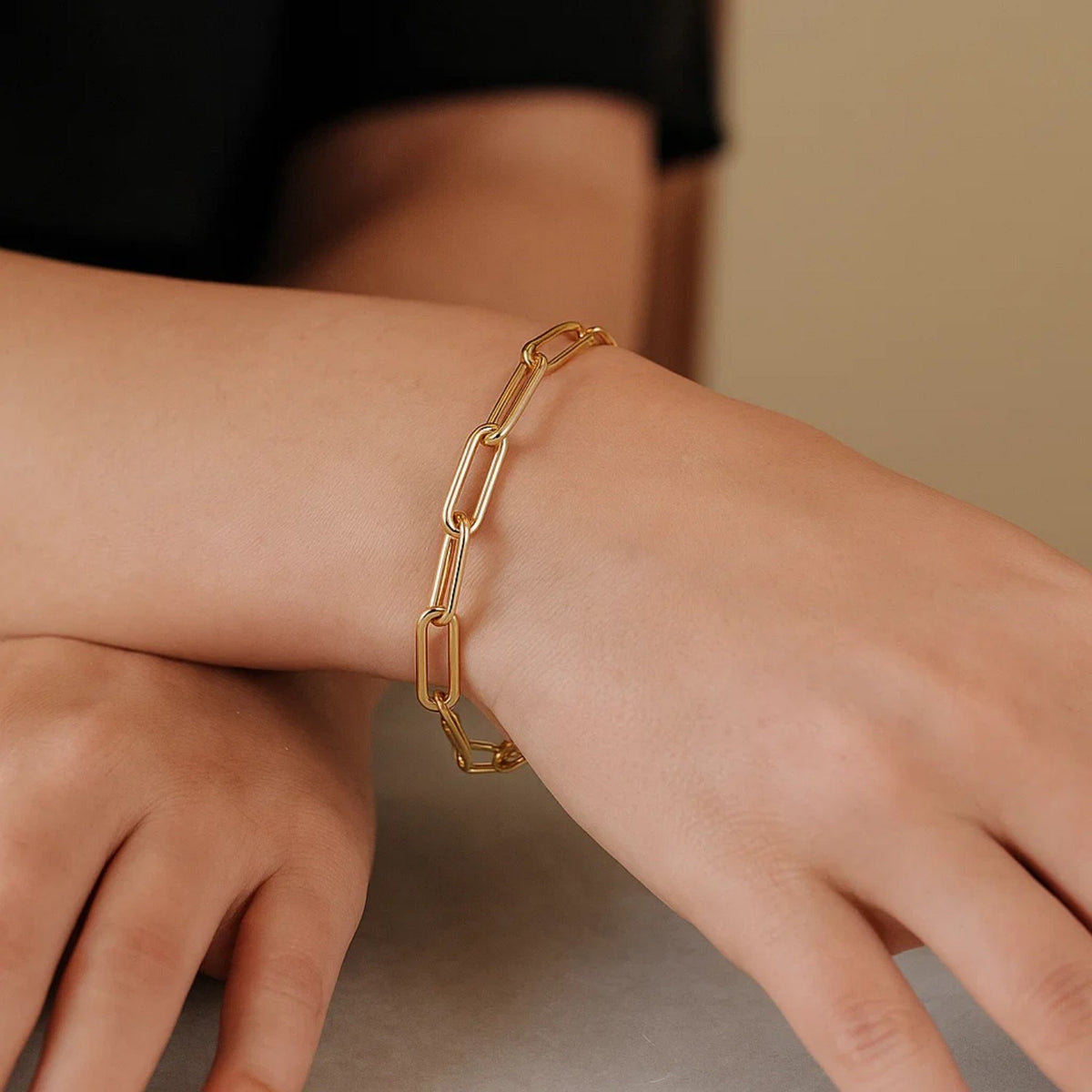 Long Domed Paperclip Bracelet in 14K Yellow Gold, worn