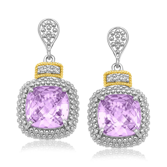 Cushion Amethyst & Diamond Earrings in 18K Gold Silver (.05cttw)