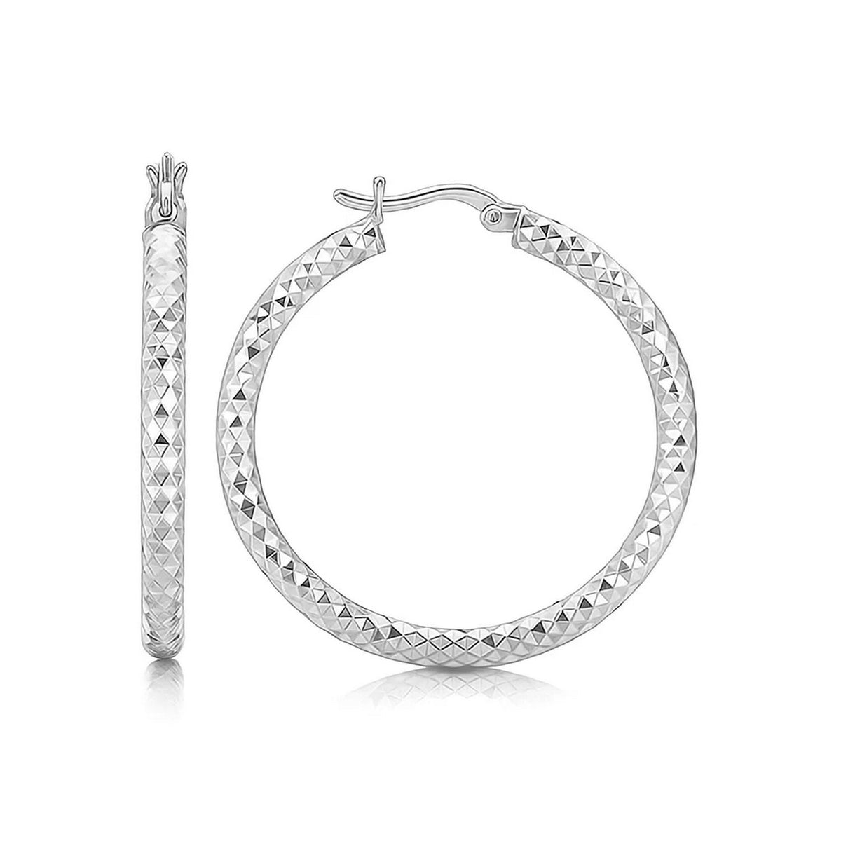 Faceted Motif Large Hoop Earrings in Rhodium-Plated Silver (4x25mm)