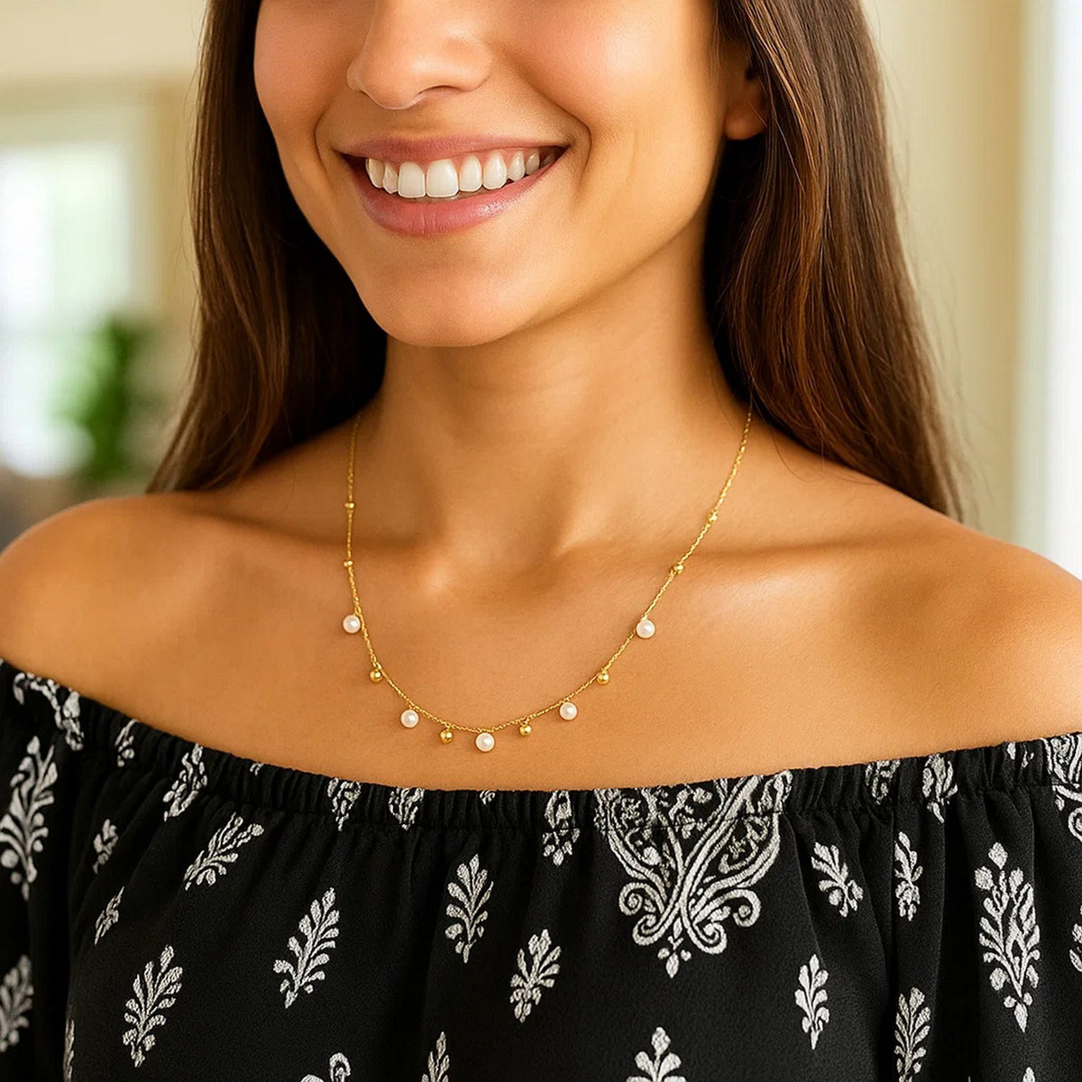 Pearl and Gold Bead Dangle Necklace in 14K Yellow Gold, worn