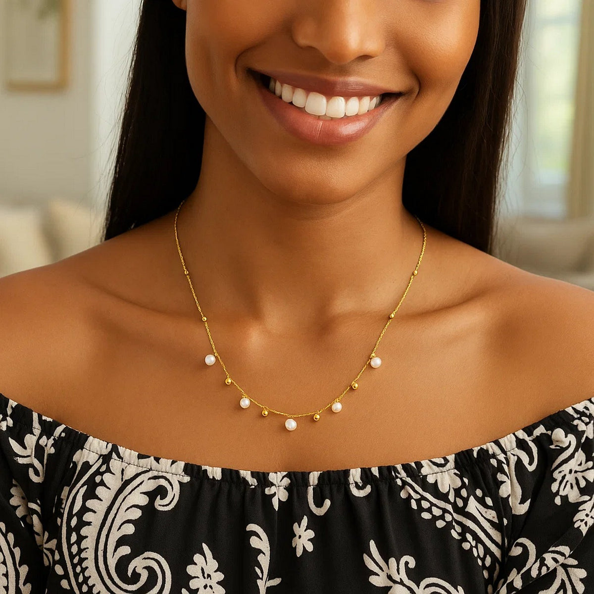 Pearl and Gold Bead Dangle Necklace in 14K Yellow Gold, worn