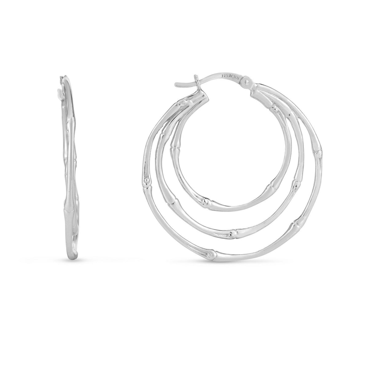 Multi Row Bamboo Hoop Earrings in Rhodium-Plated Sterling Silver