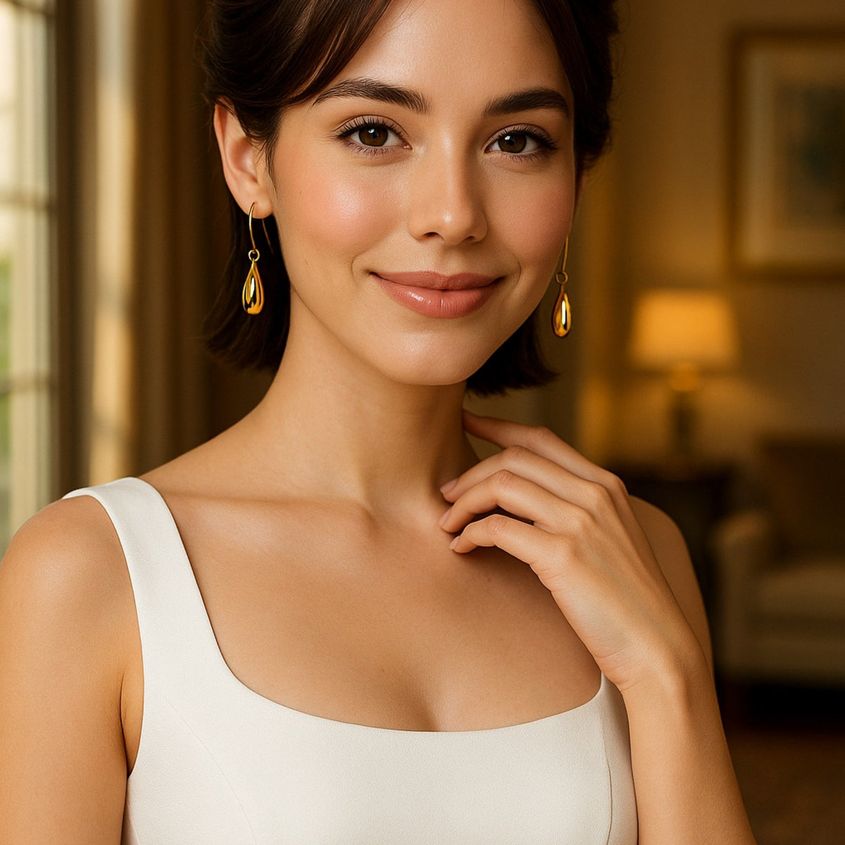 Puffed Teardrop Drop Earrings in 14K Yellow Gold, worn