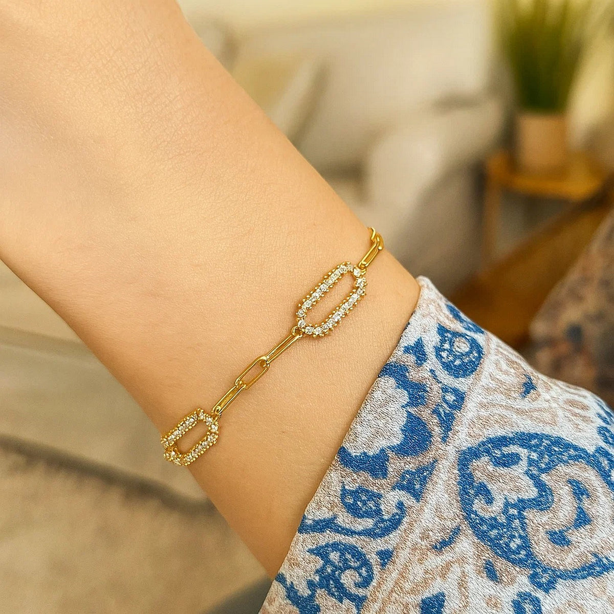 Faceted Gold Station Paperclip Bracelet in 14K Yellow Gold, worn