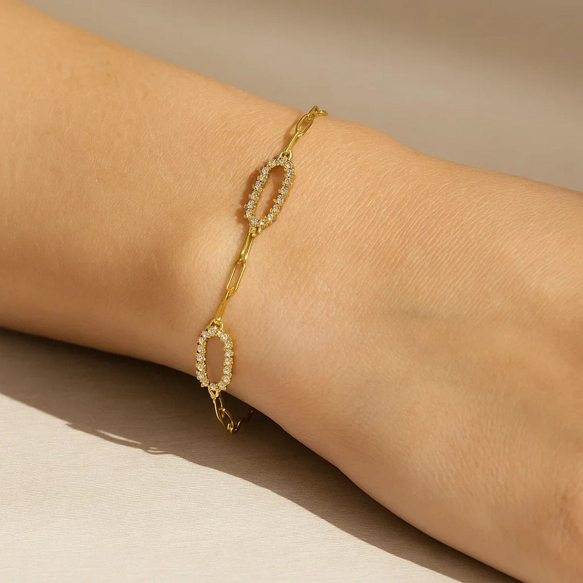 Faceted Gold Station Paperclip Bracelet in 14K Yellow Gold, worn