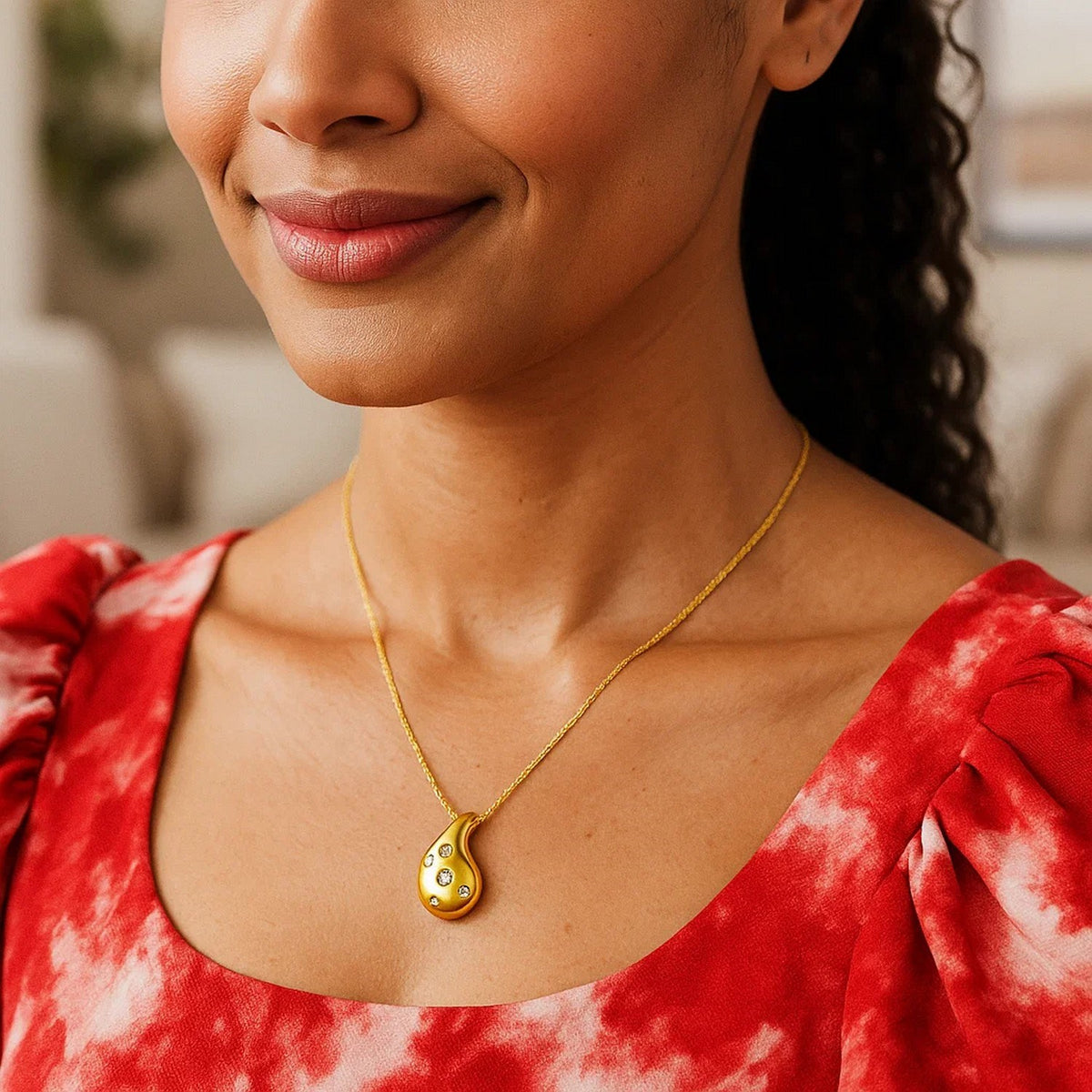 Diamond Raindrop Pendant Necklace in 14K Yellow Gold, worn