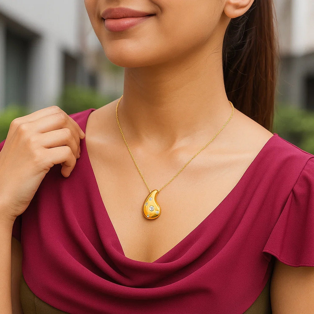 Diamond Raindrop Pendant Necklace in 14K Yellow Gold, worn