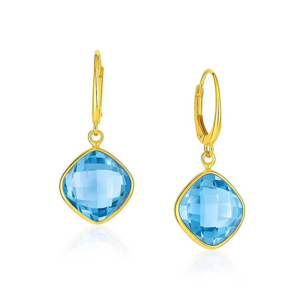 Blue Topaz Cushion Drop Earrings in 14K Yellow Gold