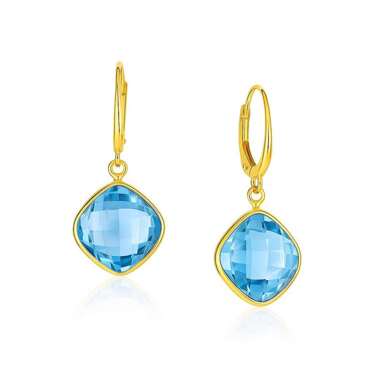Blue Topaz Cushion Drop Earrings in 14K Yellow Gold